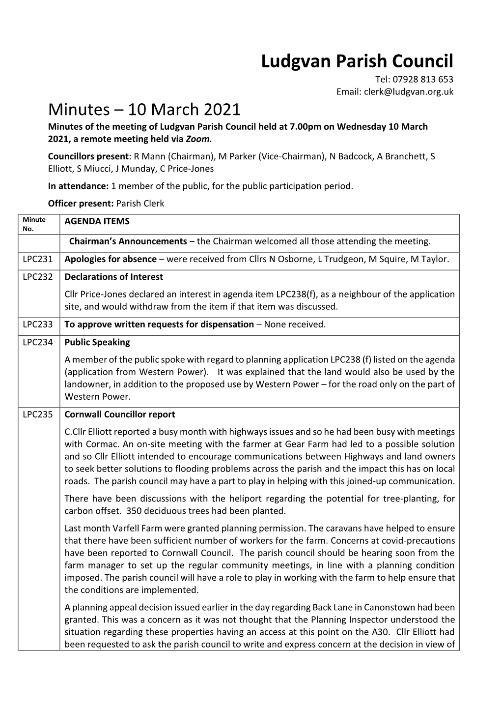 10 March 2021 Minutes of the Meeting of Ludgvan Parish Council Held at 7.00Pm on Wednesday 10 March 2021, a Remote Meeting Held Via Zoom