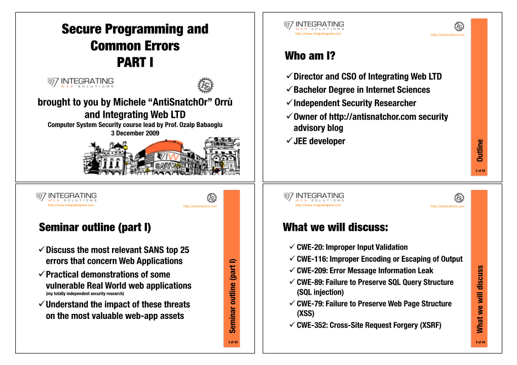 Secure Programming And! Common Errors! PART I"