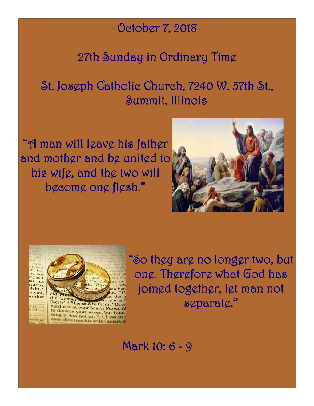 October 7, 2018 27Th Sunday in Ordinary Time St. Joseph Catholic