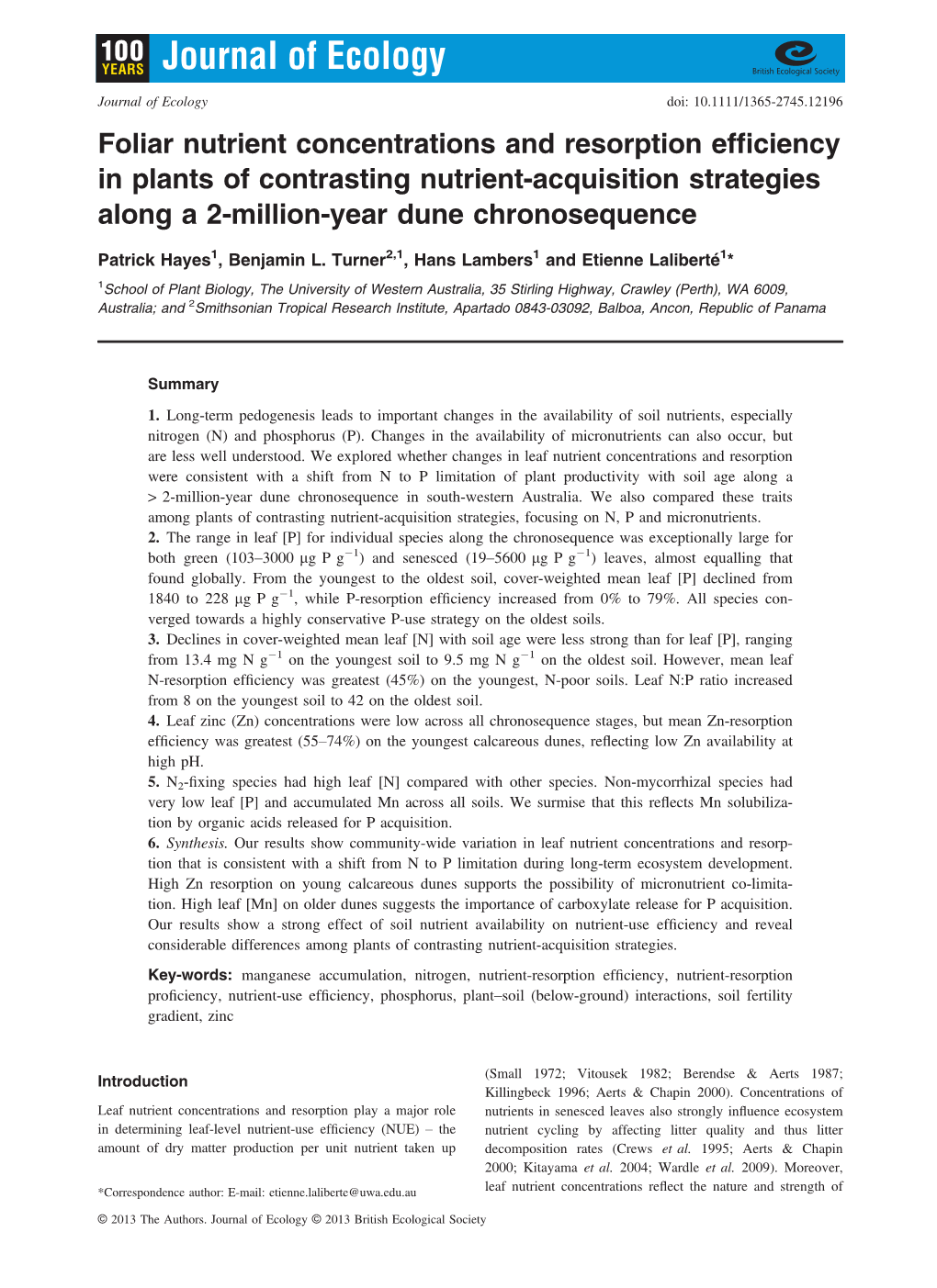 Foliar Nutrient Concentrations and Resorption Efficiency in Plants Of