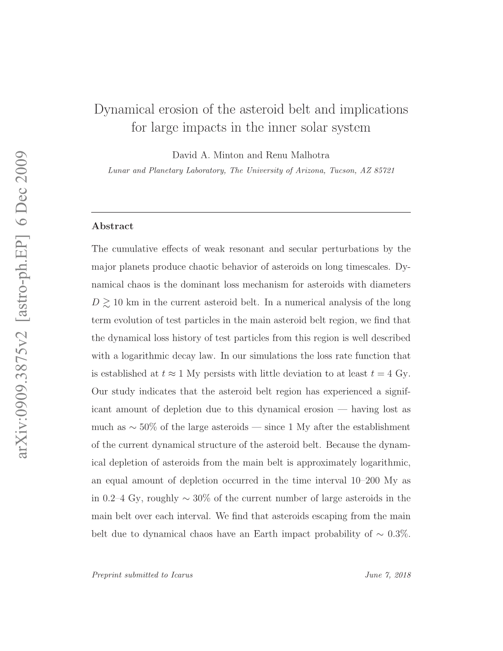 Dynamical Erosion of the Asteroid Belt and Implications for Large Impacts In