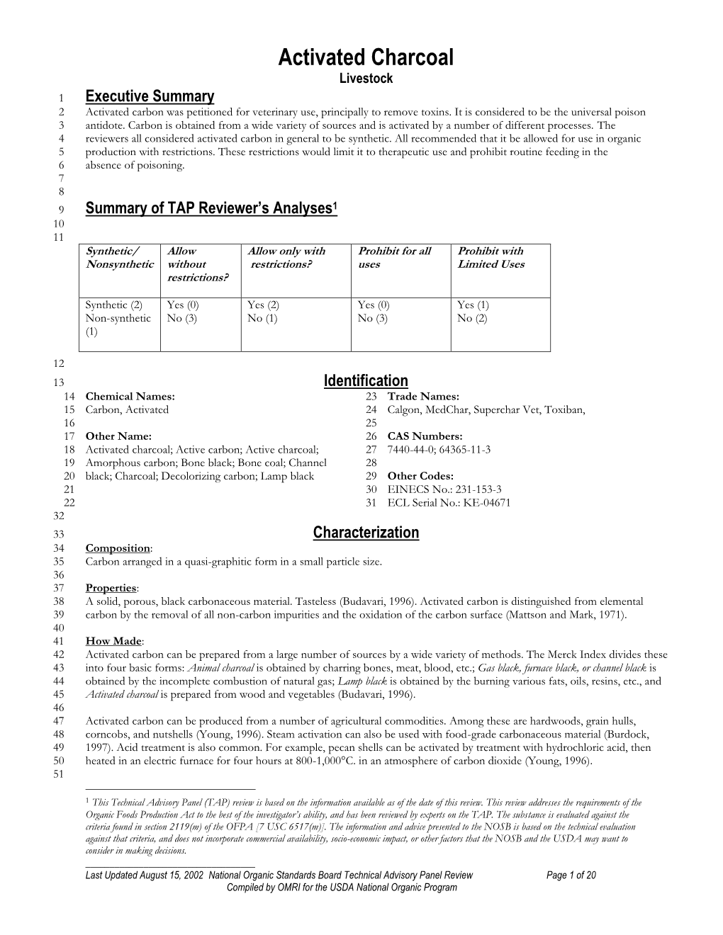 Activated Charcoal Livestock 1 Executive Summary 2 Activated Carbon Was Petitioned for Veterinary Use, Principally to Remove Toxins