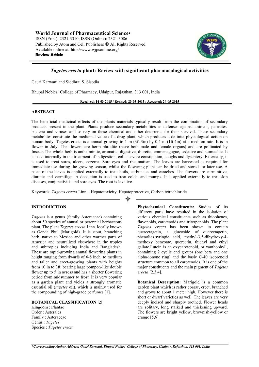 World Journal of Pharmaceutical Sciences Tagetes Erecta Plant: Review with Significant Pharmacological Activities