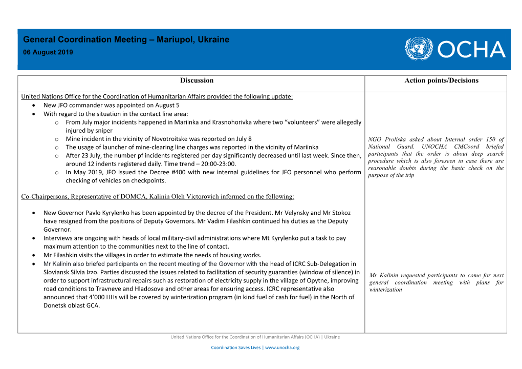 General Coordination Meeting – Mariupol, Ukraine 06 August 2019