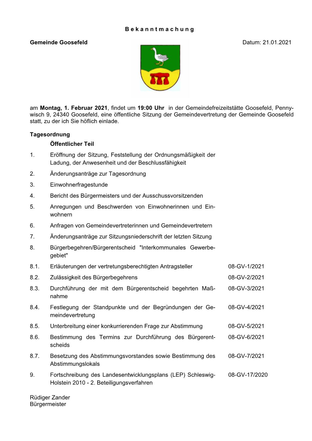 B Ekanntmachung Gemeinde Goosefeld Datum