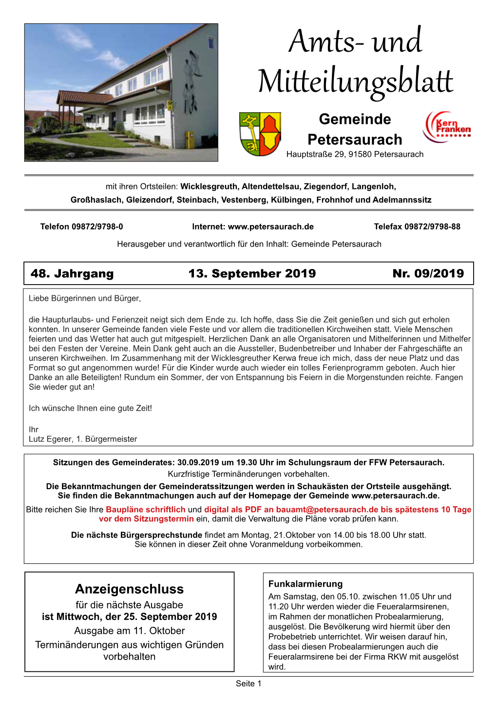 Amts- Und Mitteilungsblatt Gemeinde Petersaurach Hauptstraße 29, 91580 Petersaurach