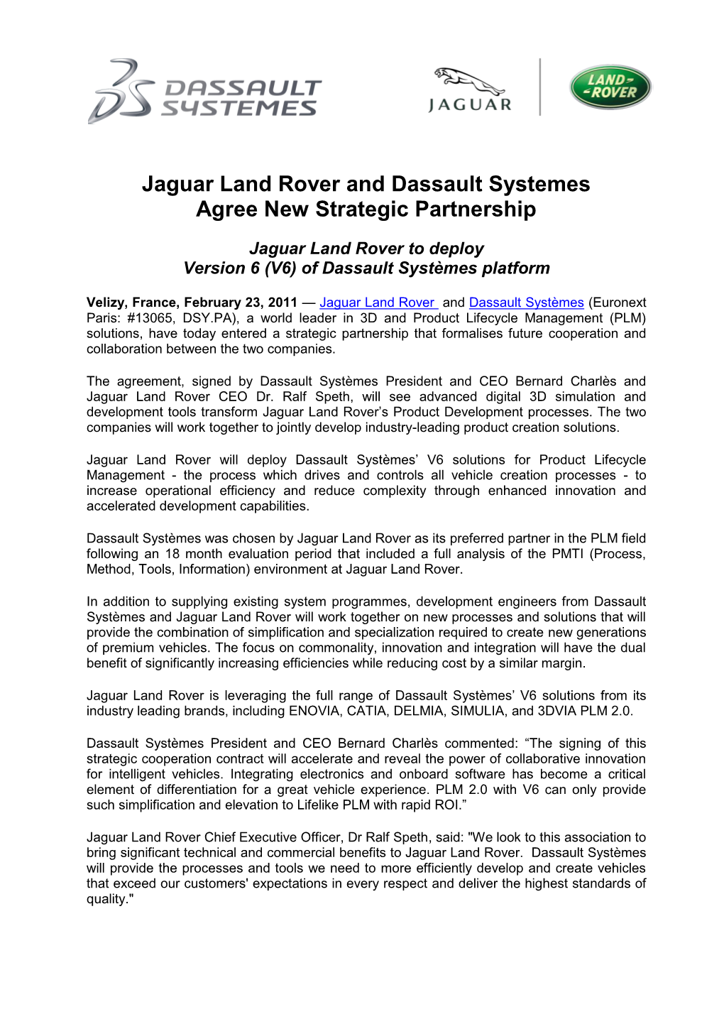Jaguar Land Rover Signs Five-Year Contract Withfor Dassault Systèmes