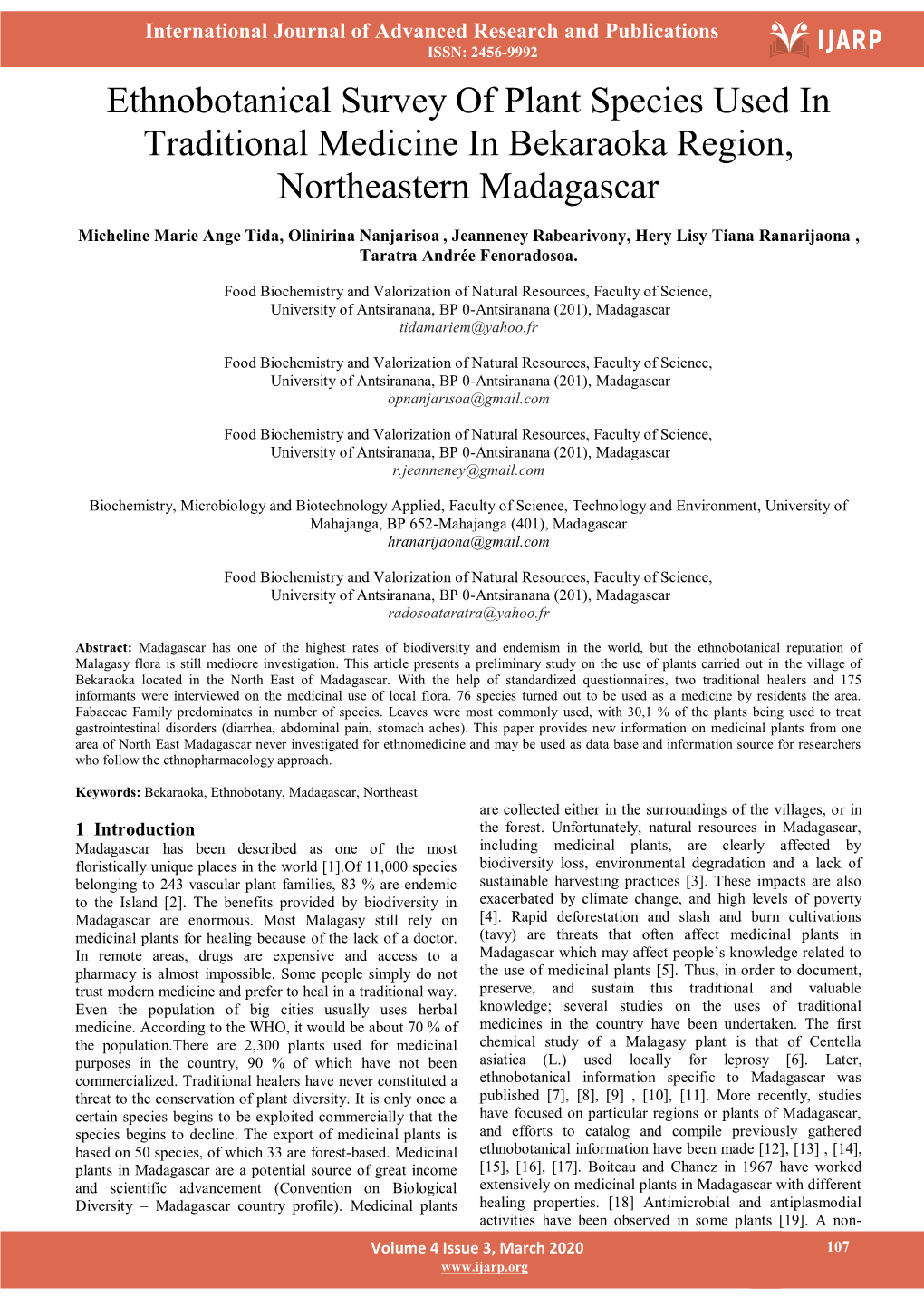 Ethnobotanical Survey of Plant Species Used in Traditional Medicine in Bekaraoka Region, Northeastern Madagascar