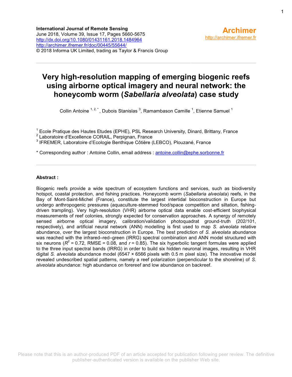 Very High-Resolution Mapping of Emerging Biogenic Reefs Using Airborne Optical Imagery and Neural Network: the Honeycomb Worm (Sabellaria Alveolata) Case Study