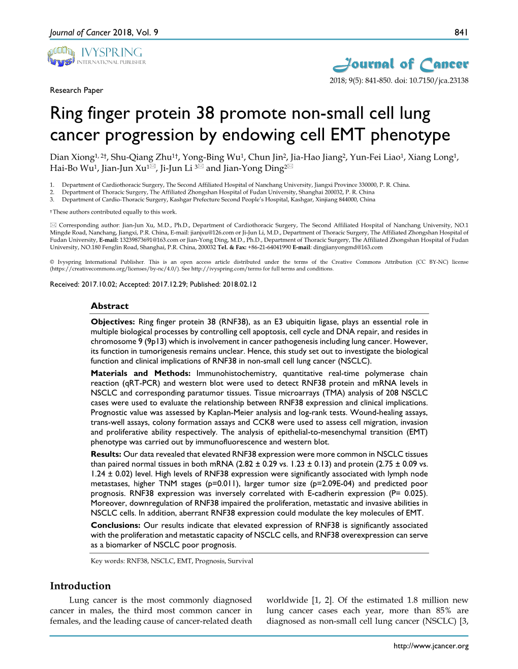 Ring Finger Protein 38 Promote Non-Small Cell Lung Cancer