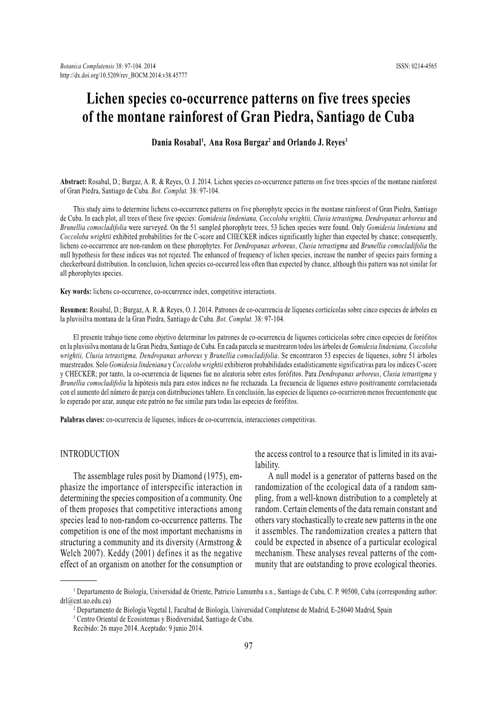 Lichen Species Co-Occurrence Patterns on Five Trees Species of the Montane Rainforest of Gran Piedra, Santiago De Cuba