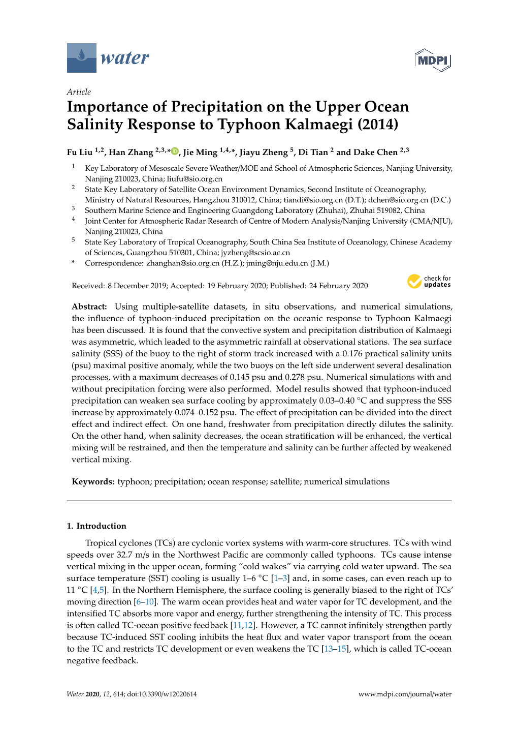 Importance of Precipitation on the Upper Ocean Salinity Response to Typhoon Kalmaegi (2014)