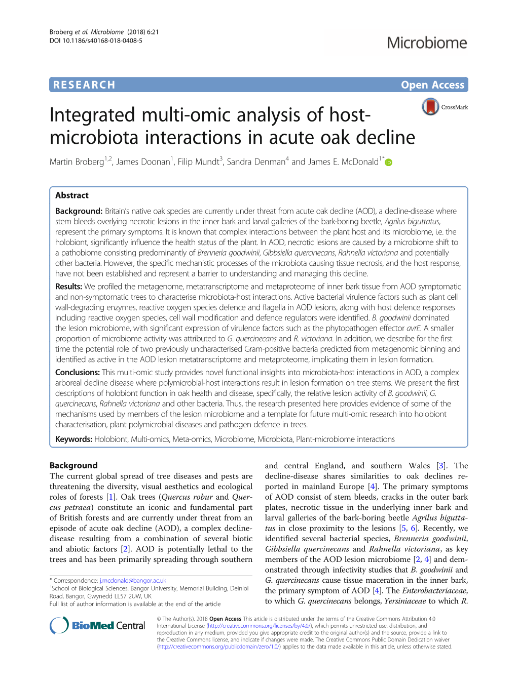 Integrated Multi-Omic Analysis of Host-Microbiota Interactions in Acute Oak Decline