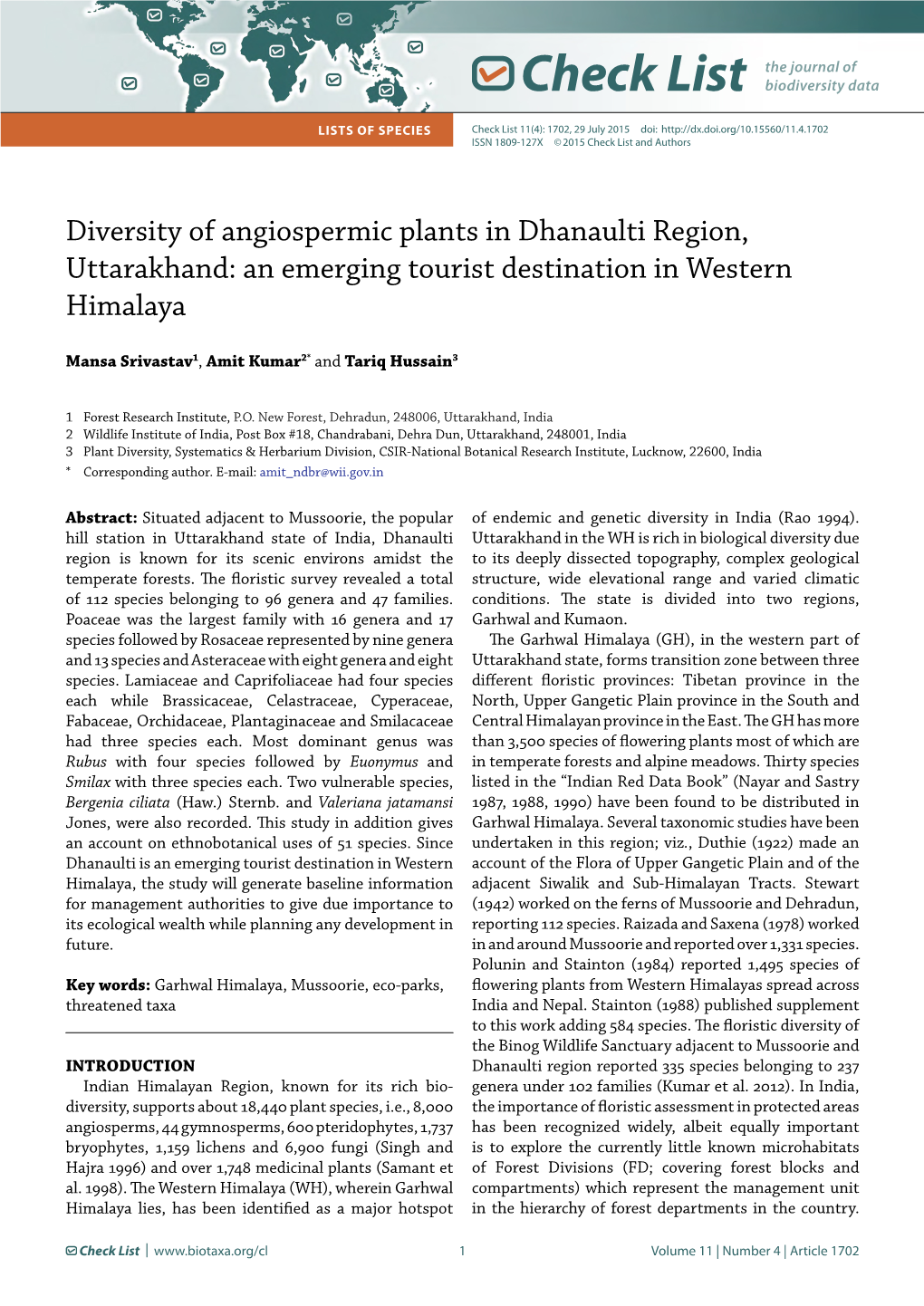 Diversity of Angiospermic Plants in Dhanaulti Region, Uttarakhand: an Emerging Tourist Destination in Western Himalaya