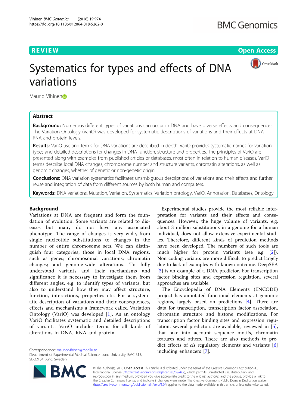 Systematics for Types and Effects of DNA Variations Mauno Vihinen