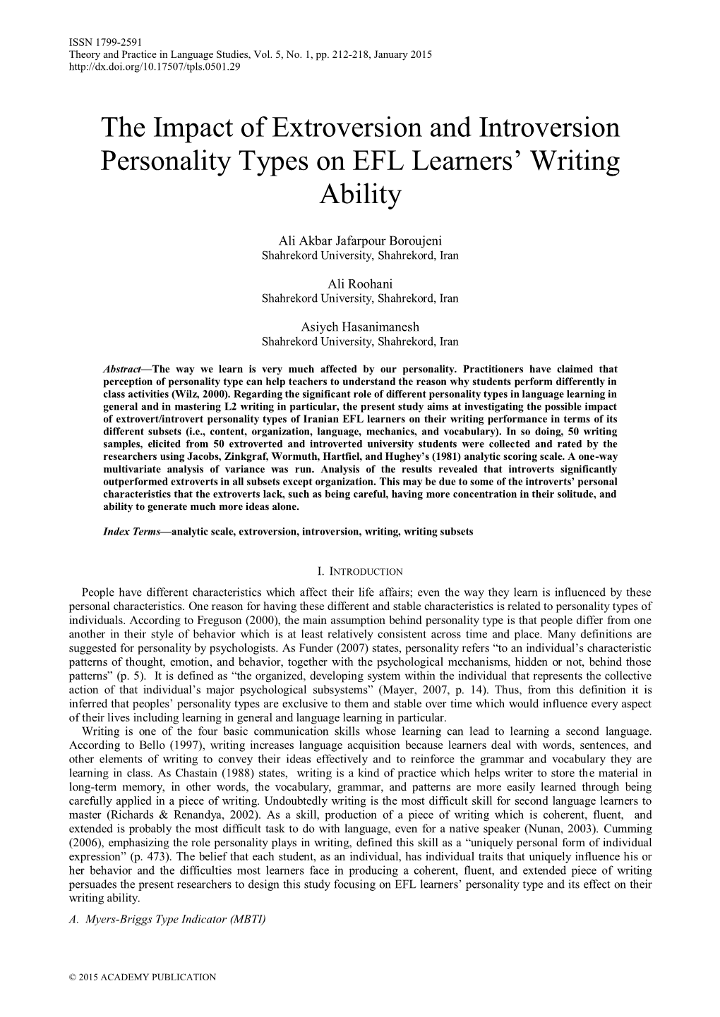 The Impact of Extroversion and Introversion Personality Types on EFL Learners’ Writing Ability