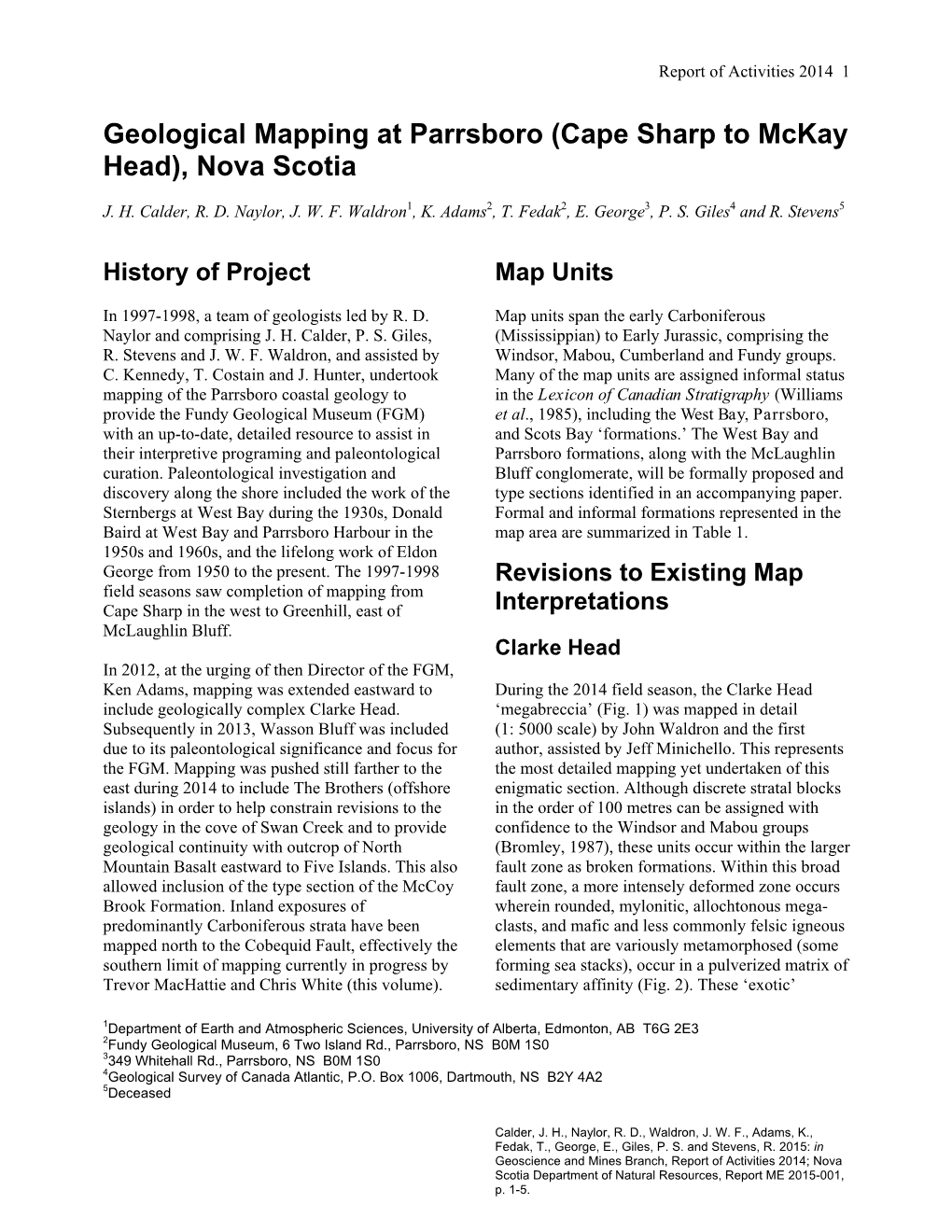 Geological Mapping at Parrsboro (Cape Sharp to Mckay Head), Nova Scotia