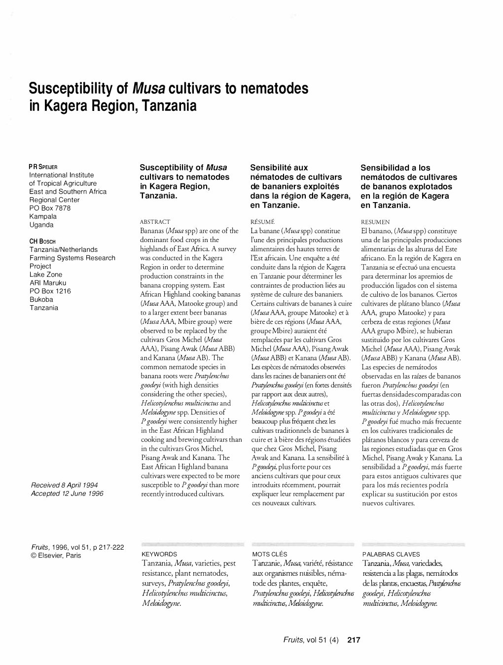 Susceptibility of Musa Cultivars to Nematodes in Kagera Region, Tanzania