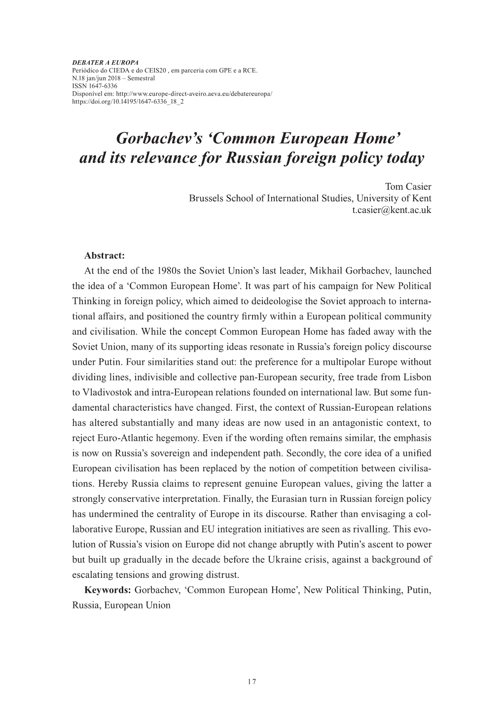 Gorbachev's 'Common European Home' and Its Relevance For