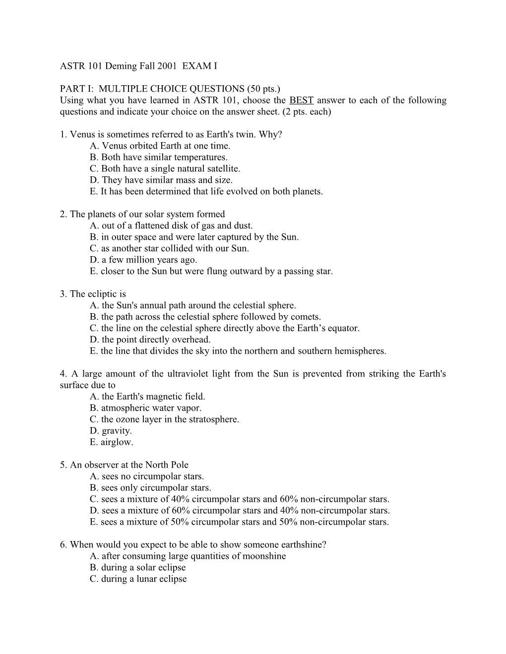 PART I: MULTIPLE CHOICE QUESTIONS (50 Pts