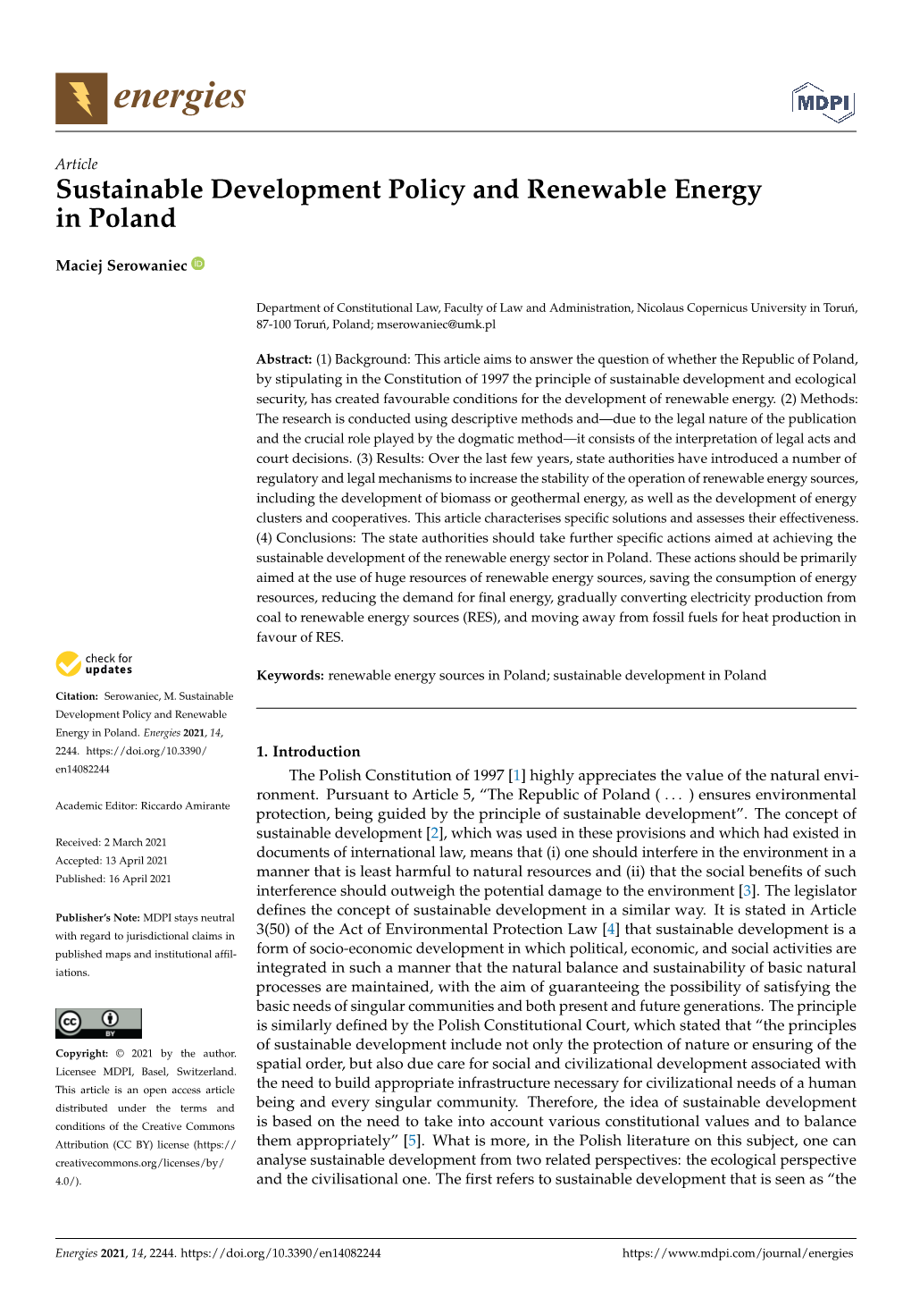 Sustainable Development Policy and Renewable Energy in Poland