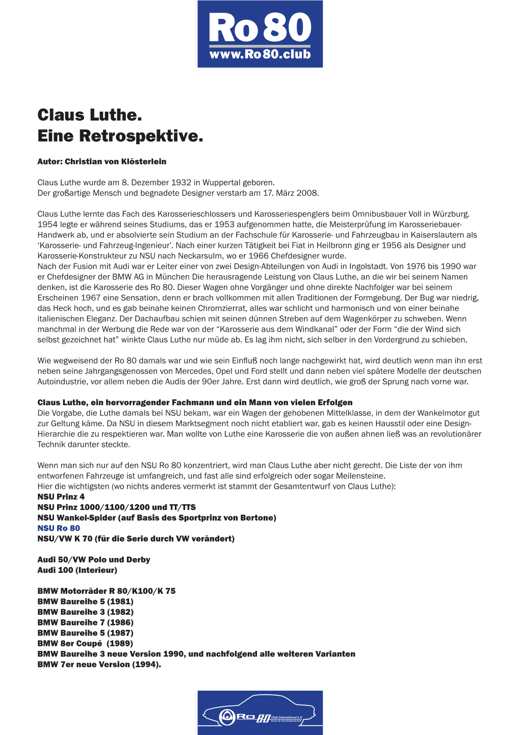 Claus Luthe. Eine Retrospektive