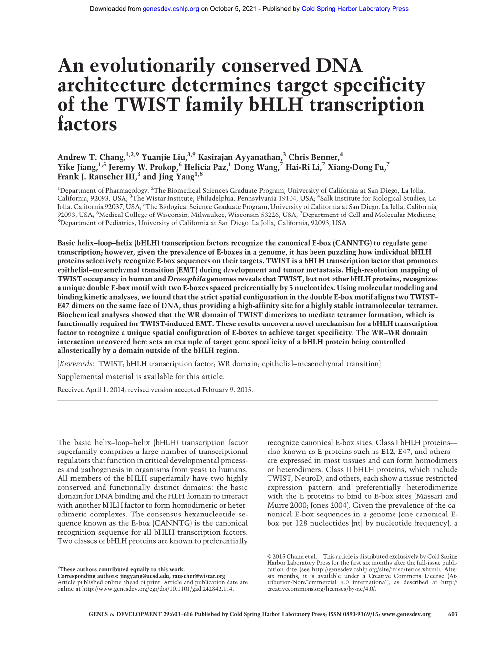 An Evolutionarily Conserved DNA Architecture Determines Target Specificity of the TWIST Family Bhlh Transcription Factors