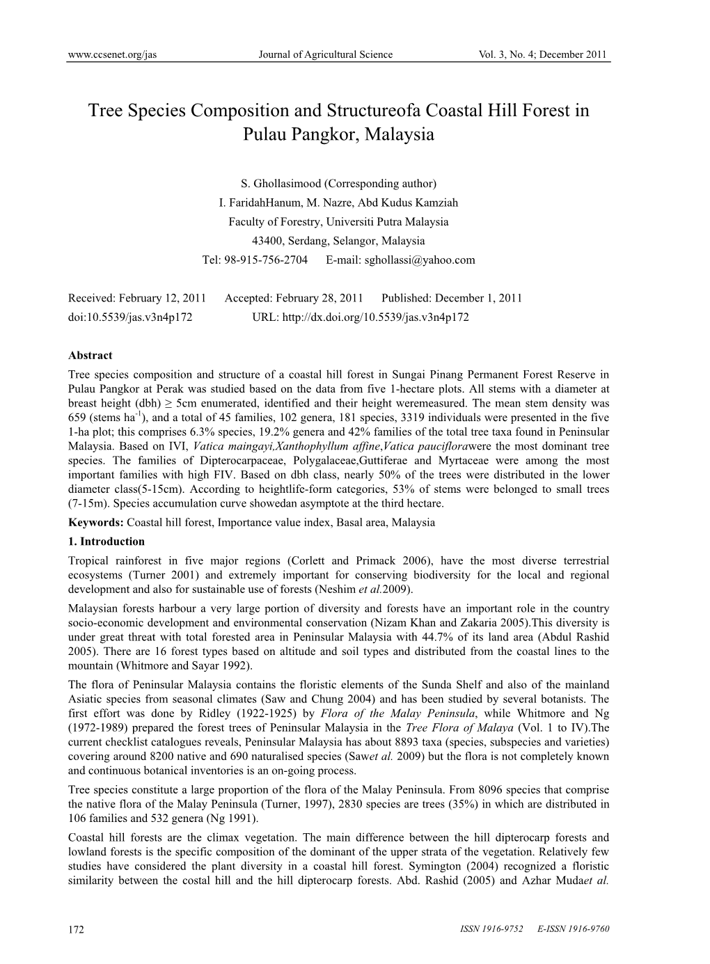 Tree Species Composition and Structureofa Coastal Hill Forest in Pulau Pangkor, Malaysia