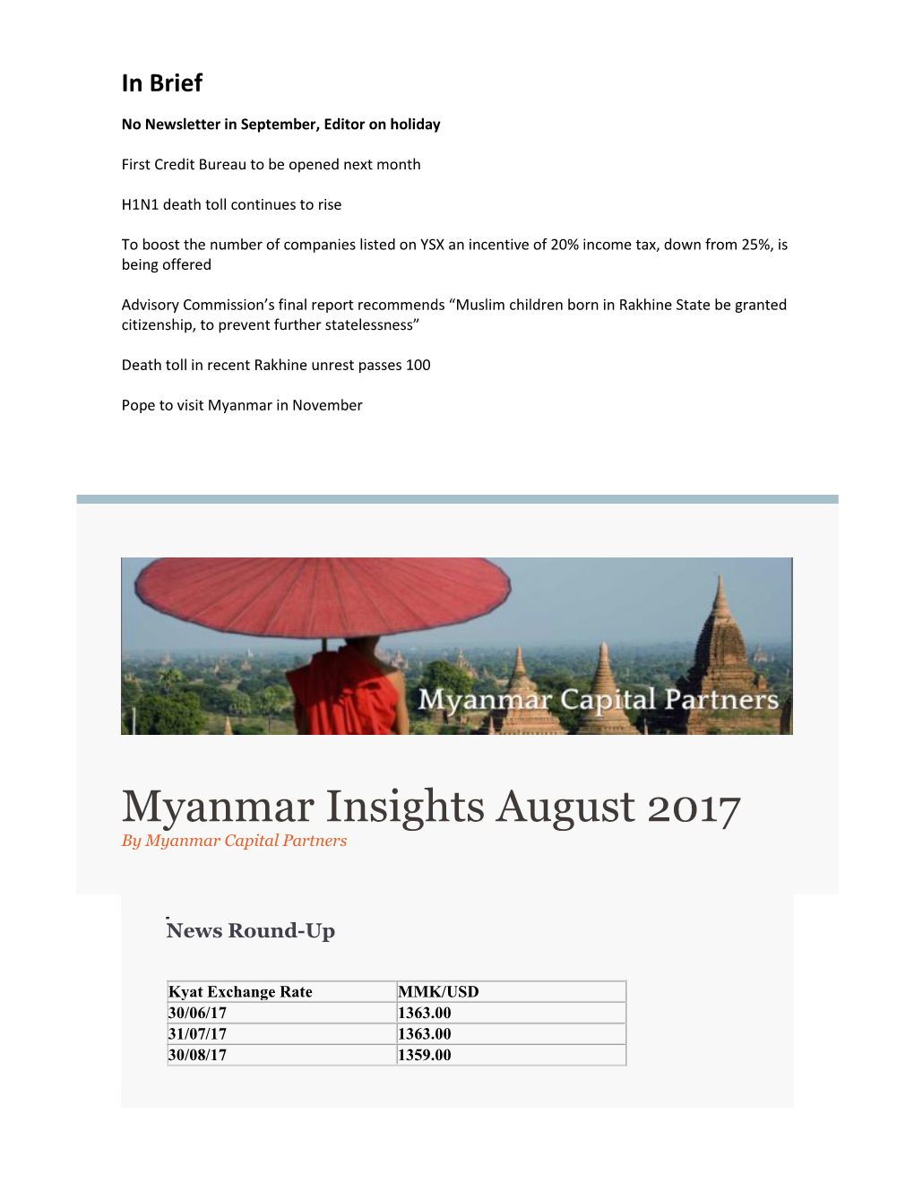 Myanmar Insights August 2017 by Myanmar Capital Partners