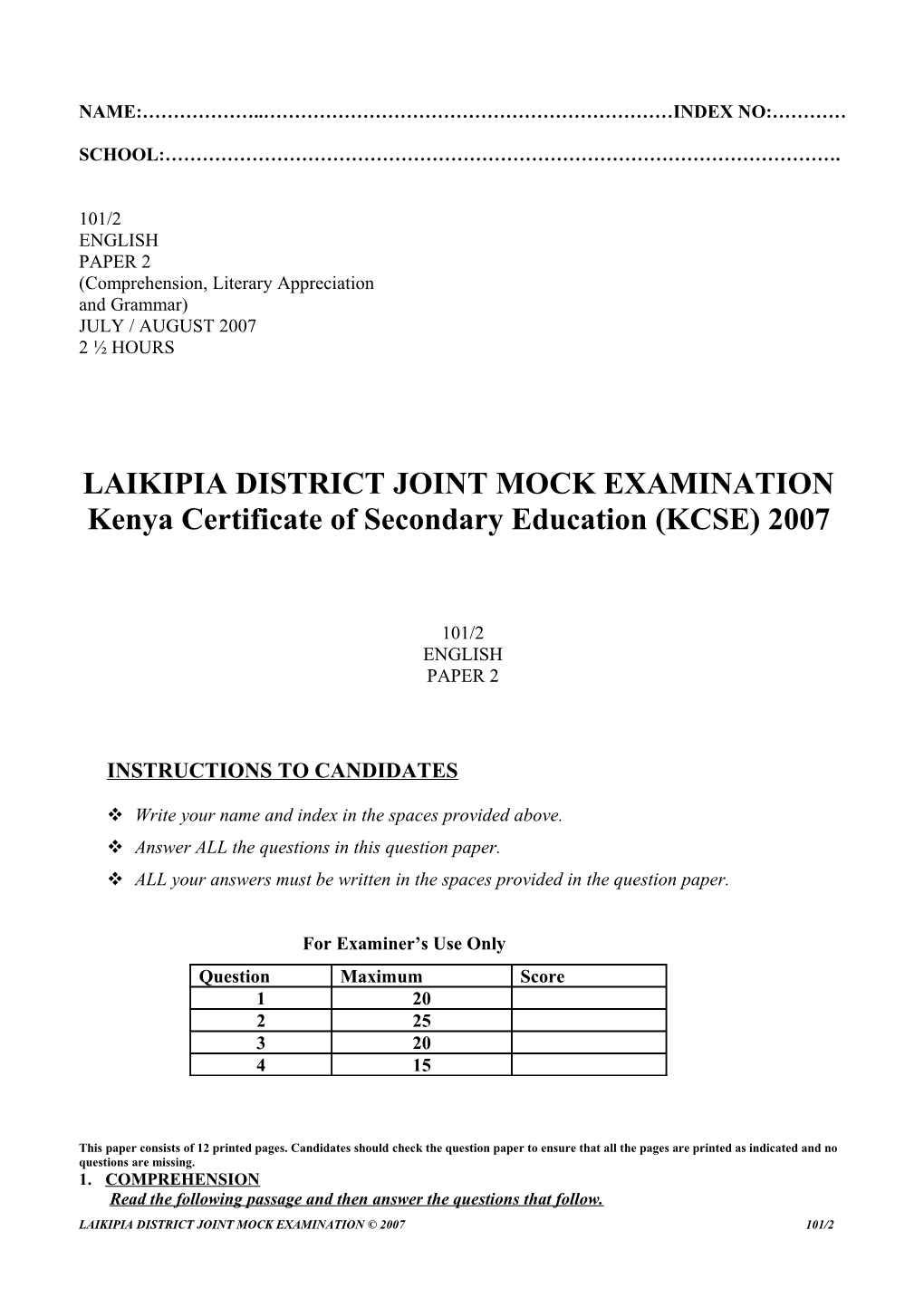 Laikipia District Joint Mock Examination