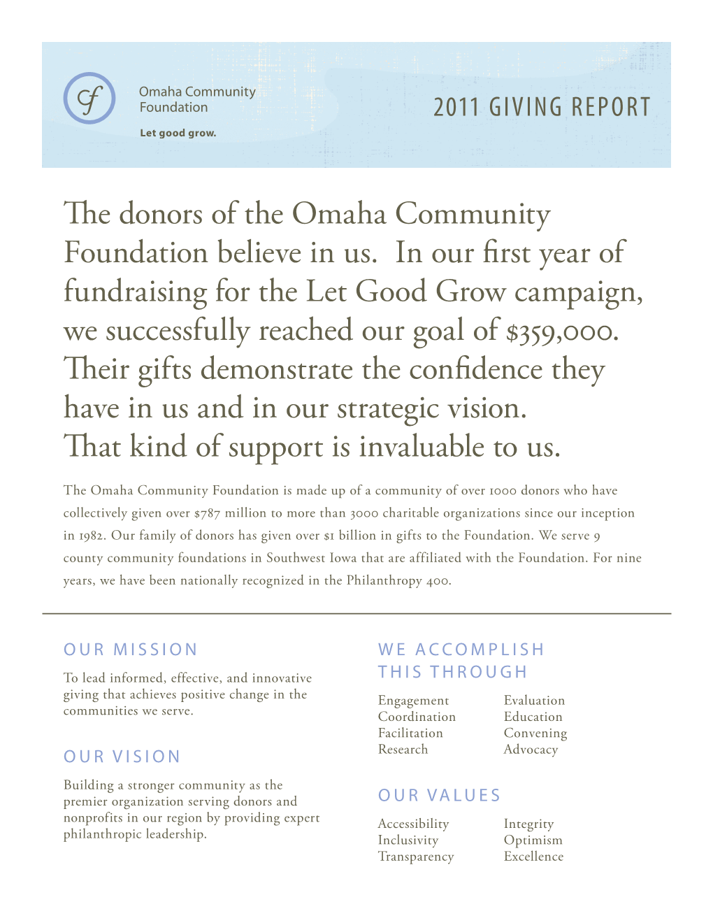 The Donors of the Omaha Community Foundation Believe in Us. in Our First