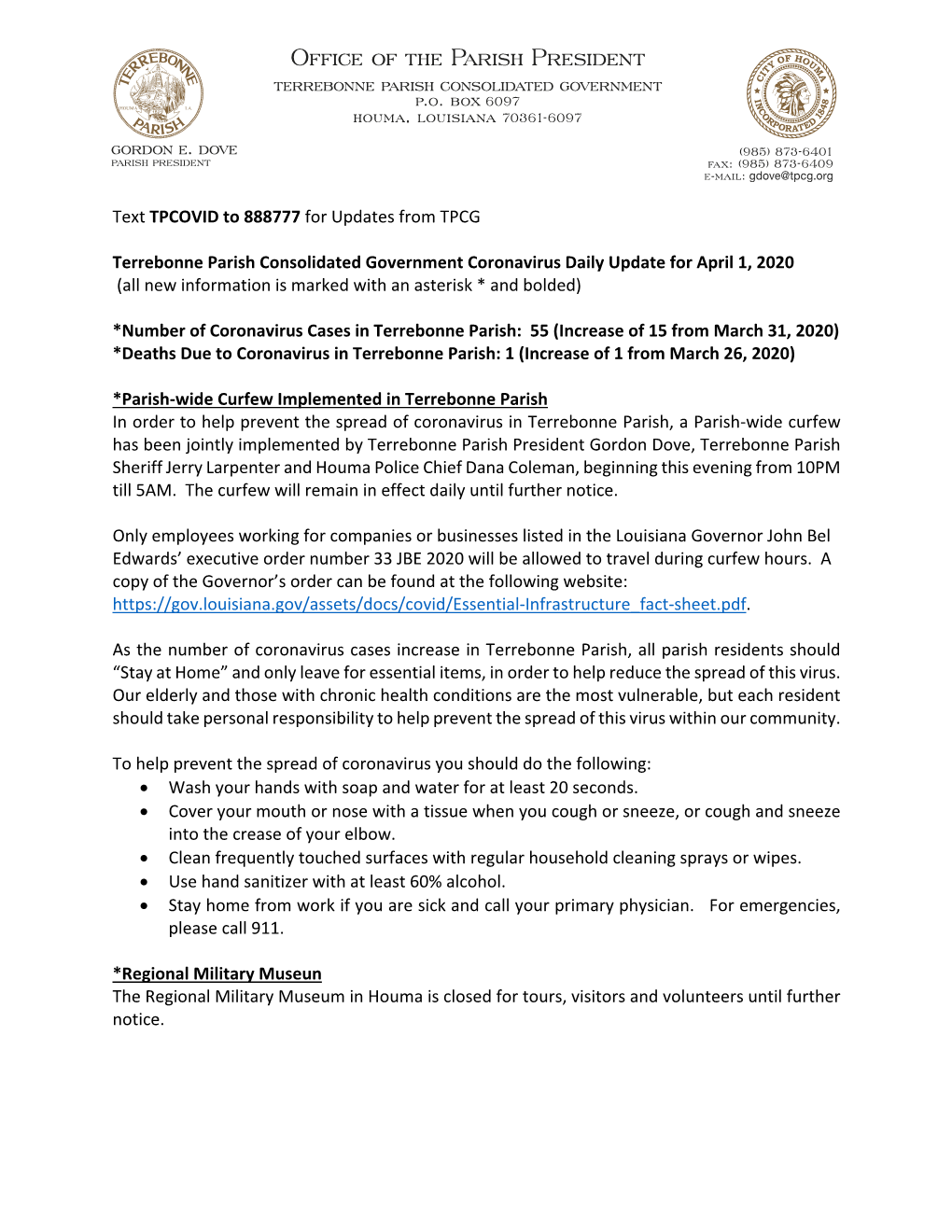 Text TPCOVID to 888777 for Updates from TPCG Terrebonne Parish Consolidated Government Coronavirus Daily Update for April 1