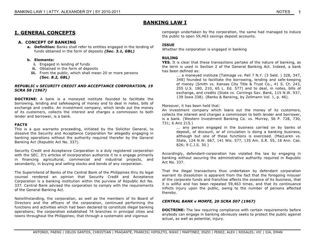 1 Banking Law I I. General Concepts