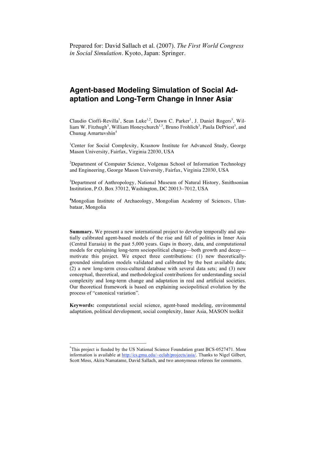 Agent-Based Modeling Simulation of Social Ad- Aptation and Long-Term Change in Inner Asia*