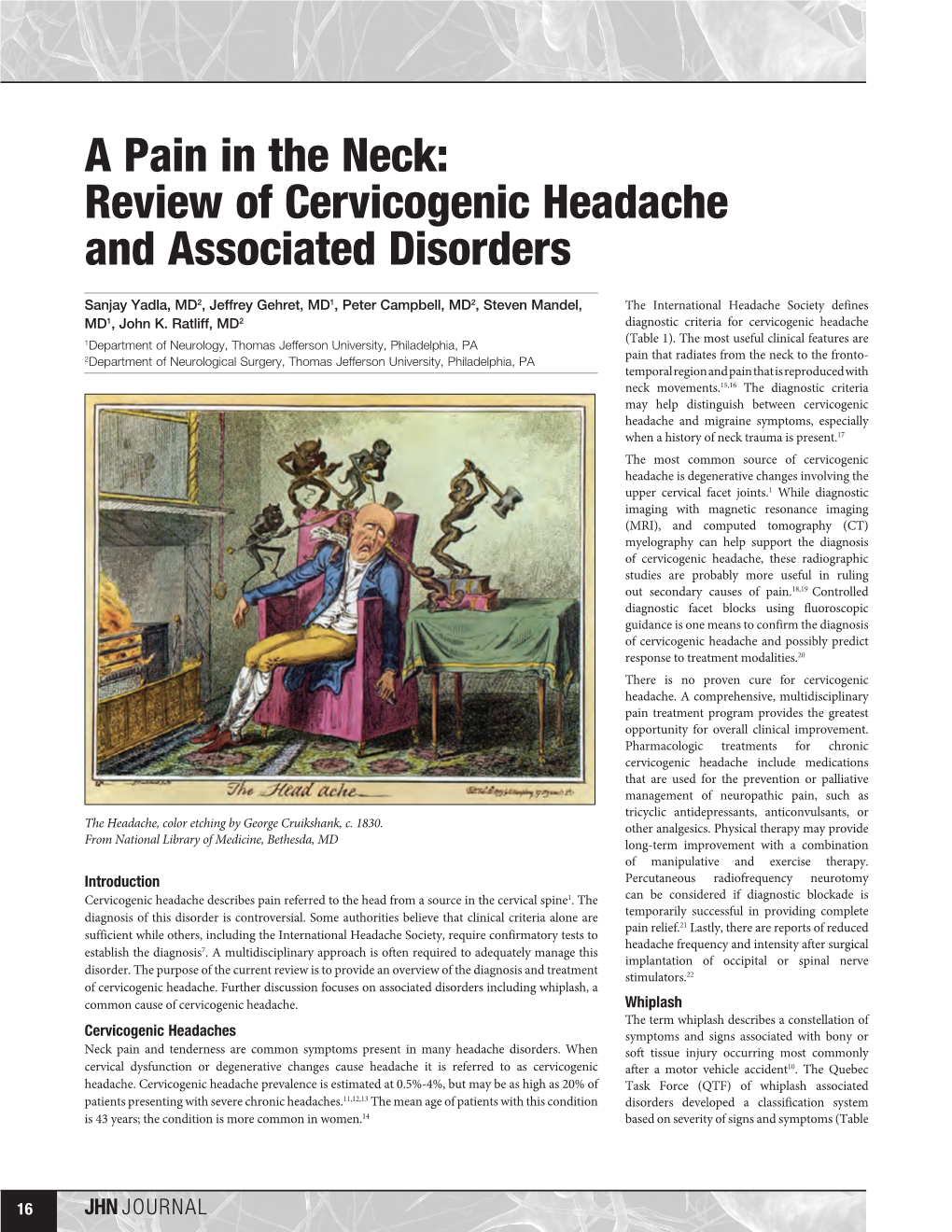A Pain in the Neck: Review of Cervicogenic Headache and Associated Disorders