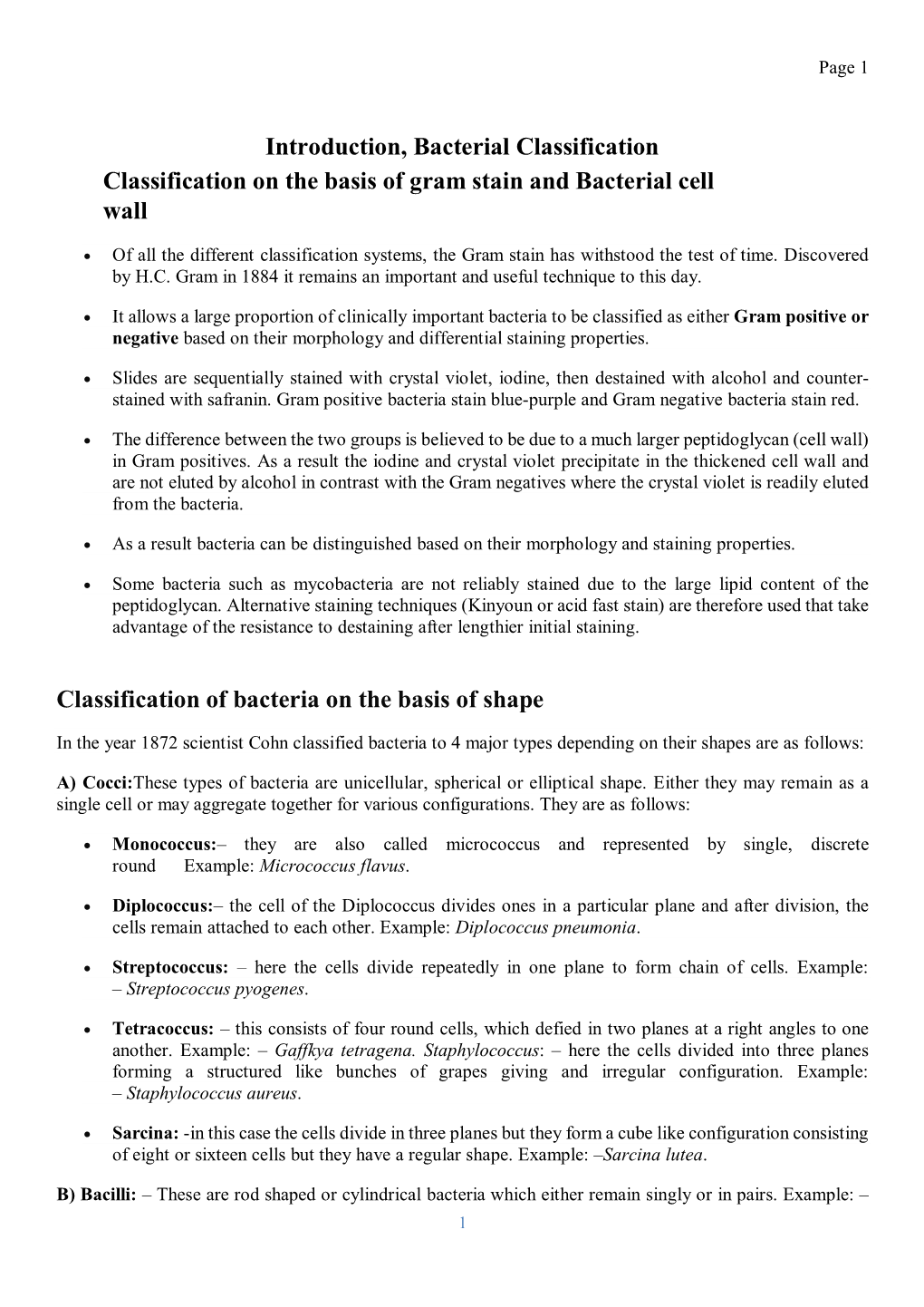 Introduction, Bacterial Classification Classification on the Basis of Gram Stain and Bacterial Cell Wall