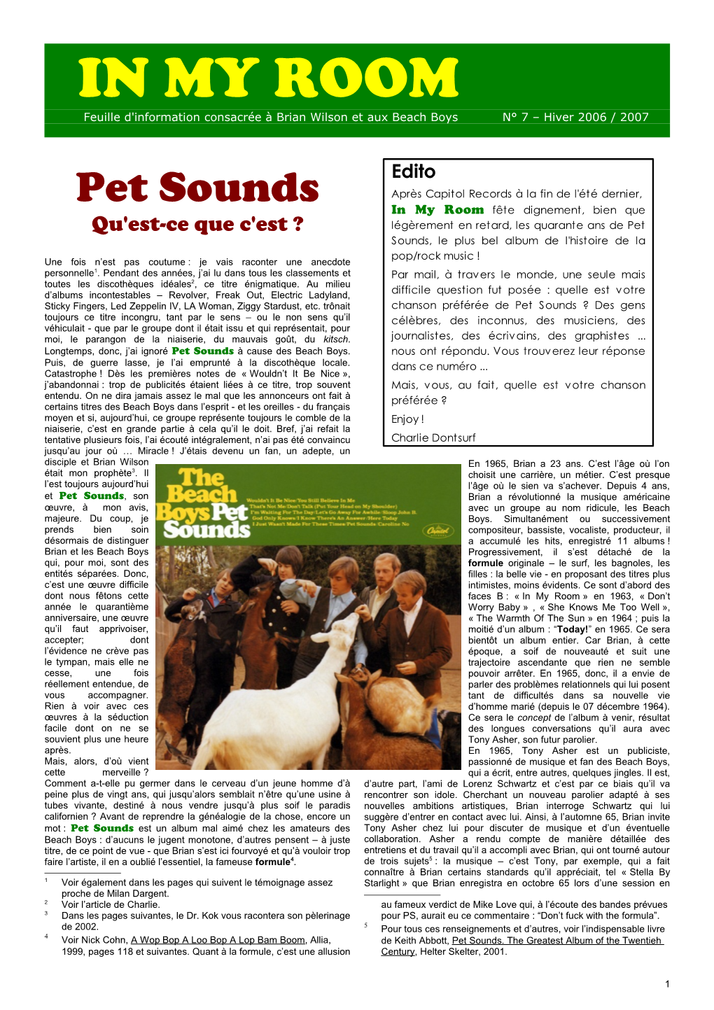 IN MY ROOM Feuille D'information Consacrée À Brian Wilson Et Aux Beach Boys N° 7 – Hiver 2006 / 2007