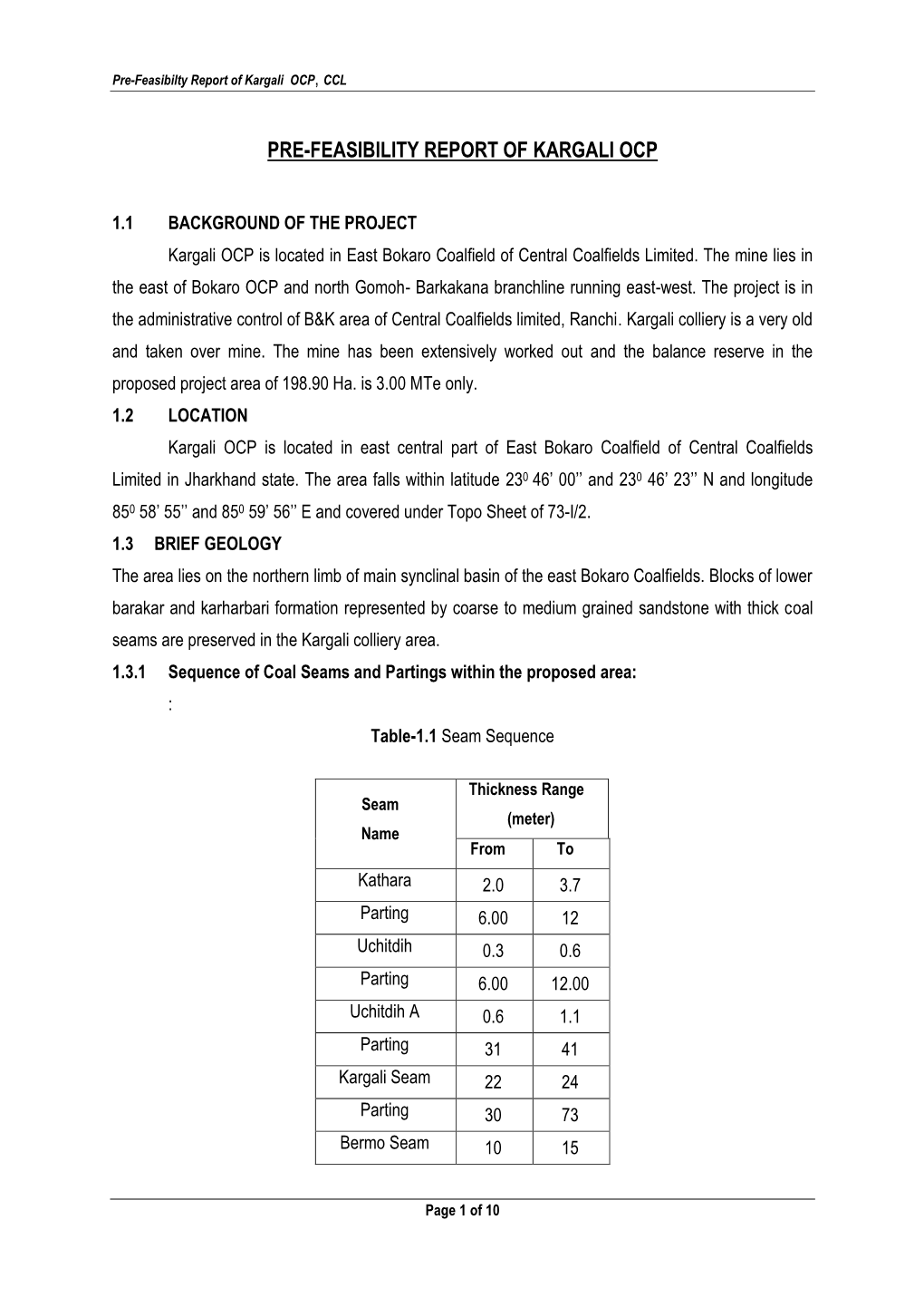 Pre-Feasibility Report of Kargali Ocp