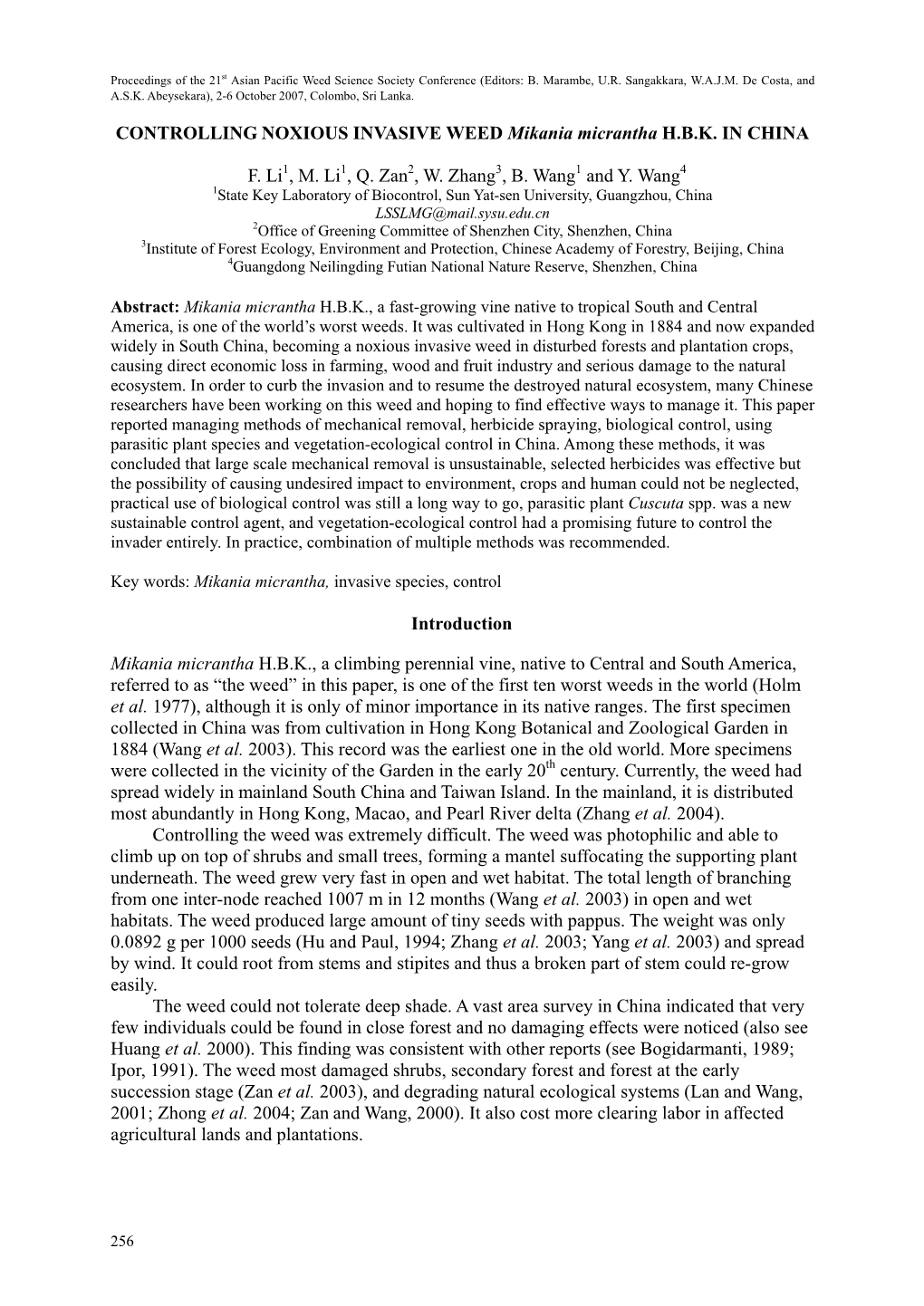 CONTROLLING NOXIOUS INVASIVE WEED Mikania Micrantha H.B.K. in CHINA