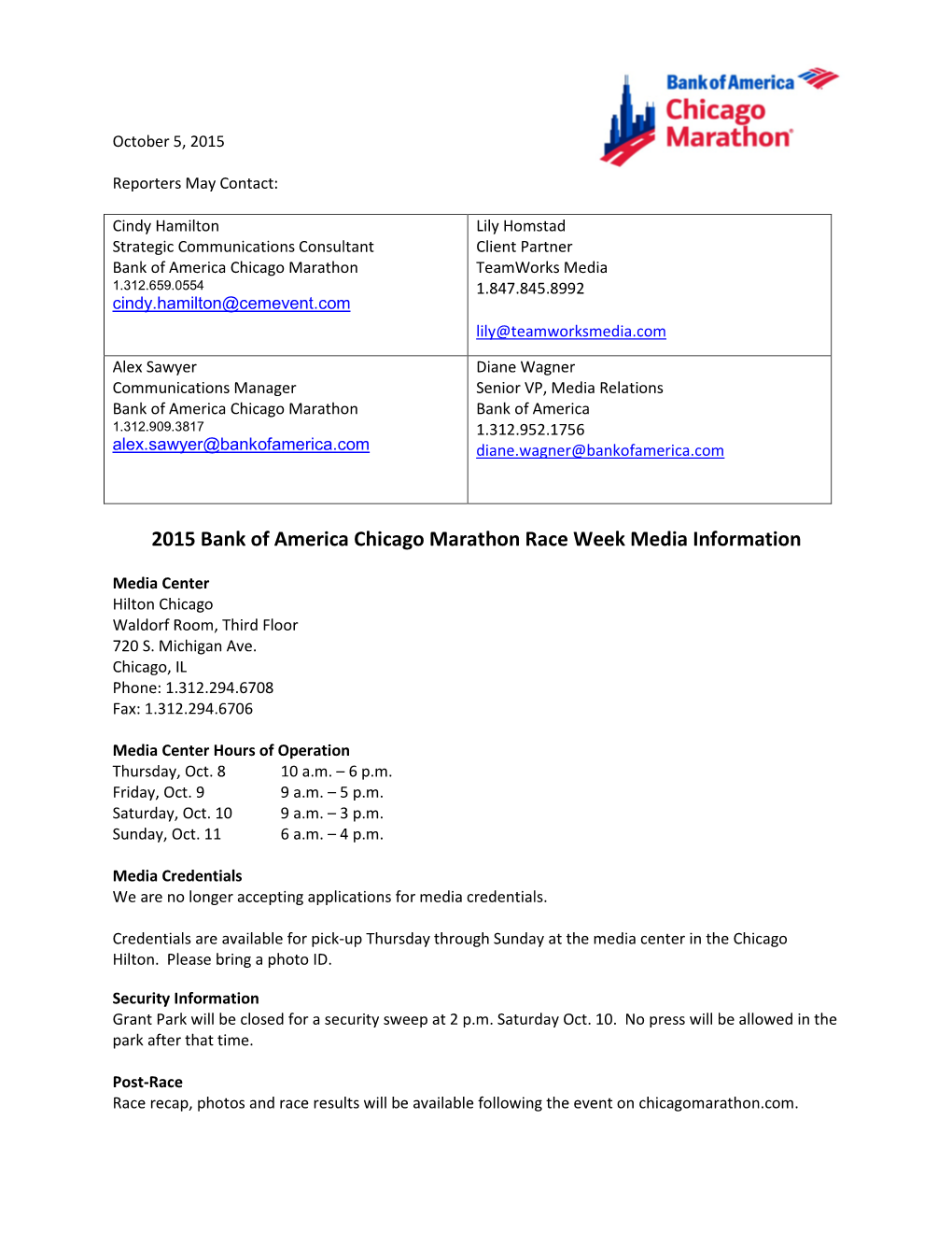 2015 Bank of America Chicago Marathon Race Week Media Information