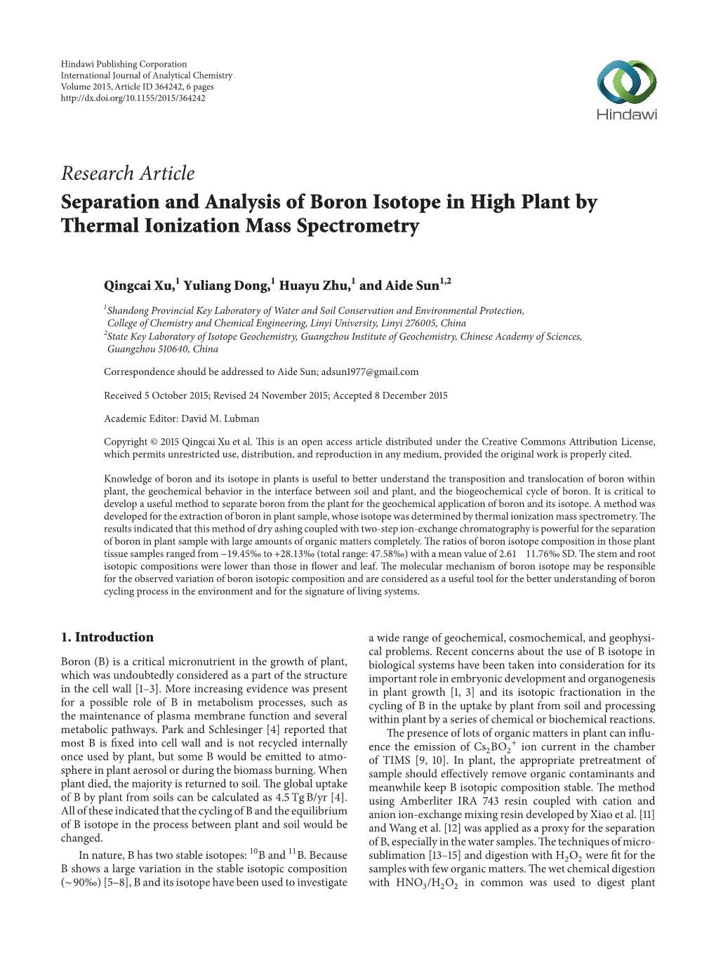 Separation and Analysis of Boron Isotope in High Plant by Thermal Ionization Mass Spectrometry