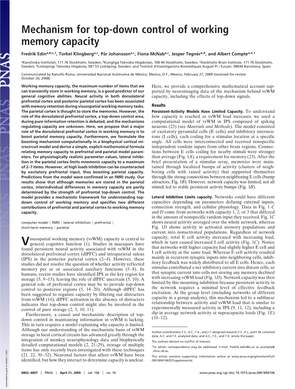 Mechanism for Top-Down Control of Working Memory Capacity