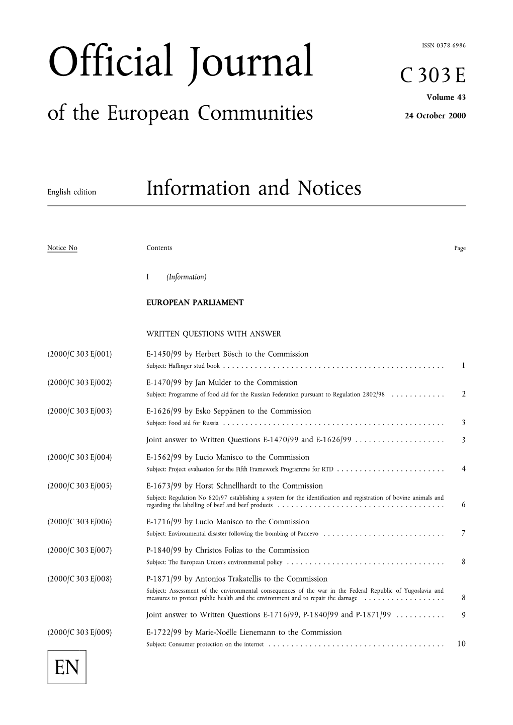 Official Journal C 303 E Volume 43 of the European Communities 24 October 2000