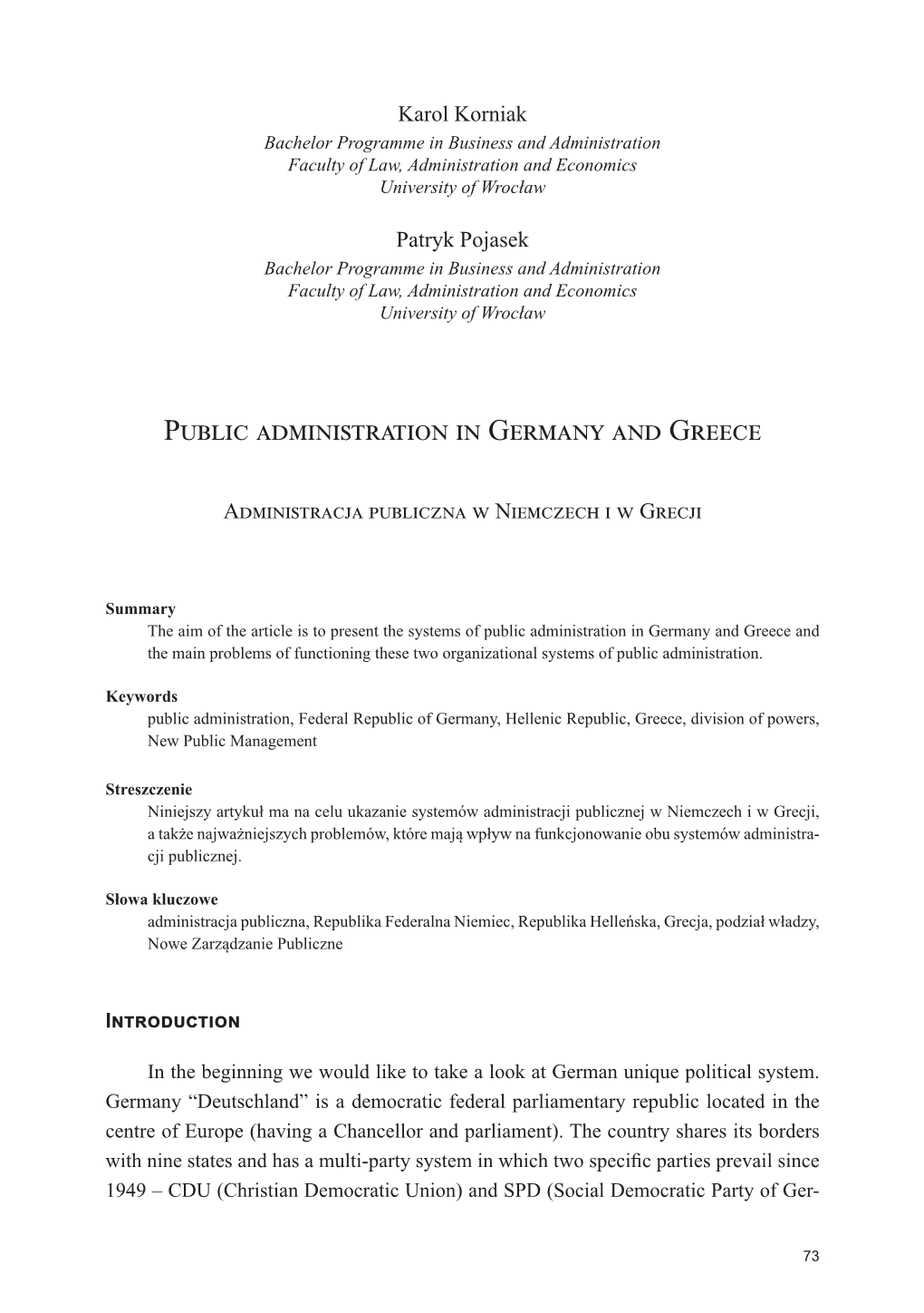 Public Administration in Germany and Greece ; Administracja Publiczna W