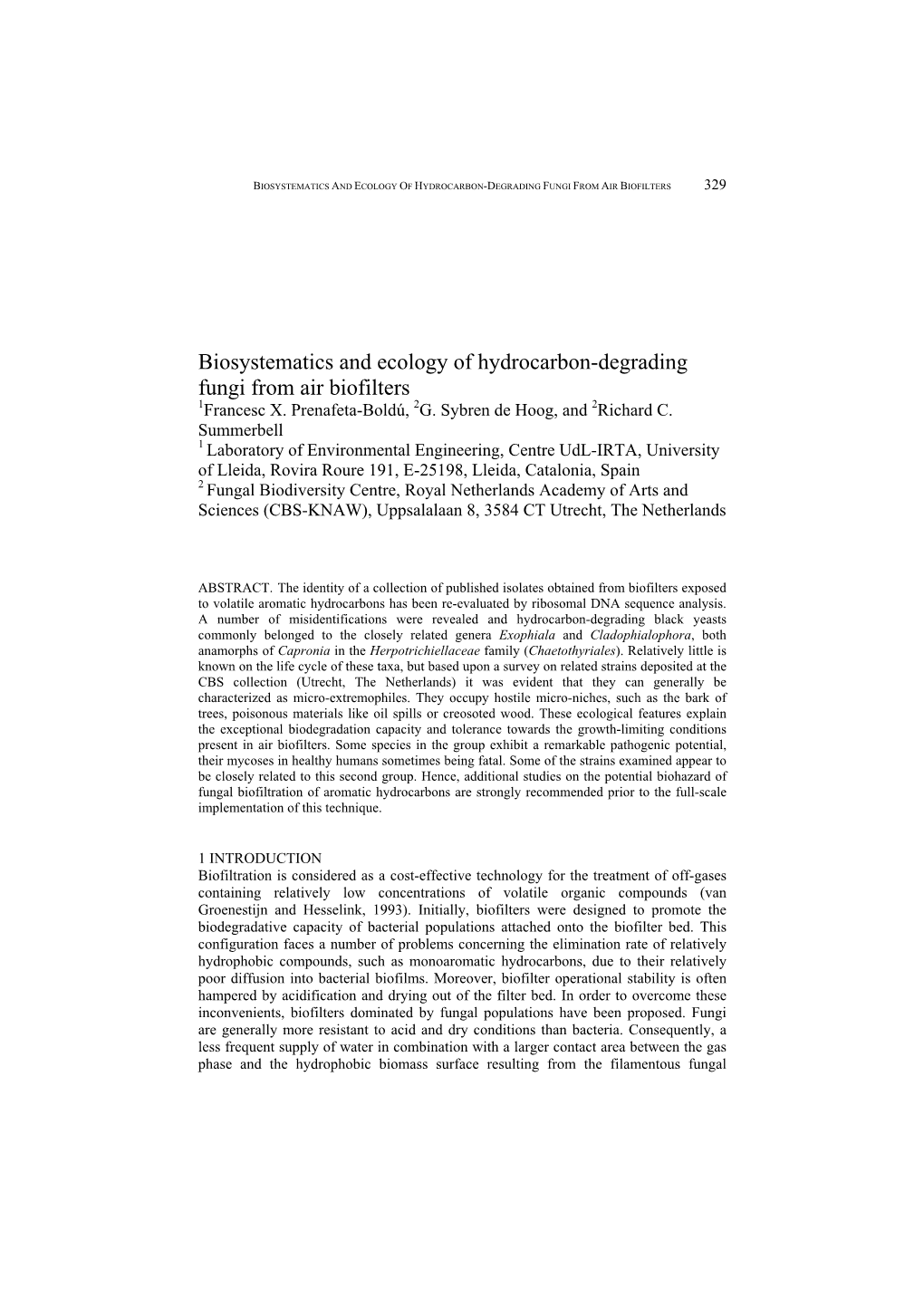 Biosystematics and Ecology of Hydrocarbon-Degrading Fungi from Air Biofilters 329