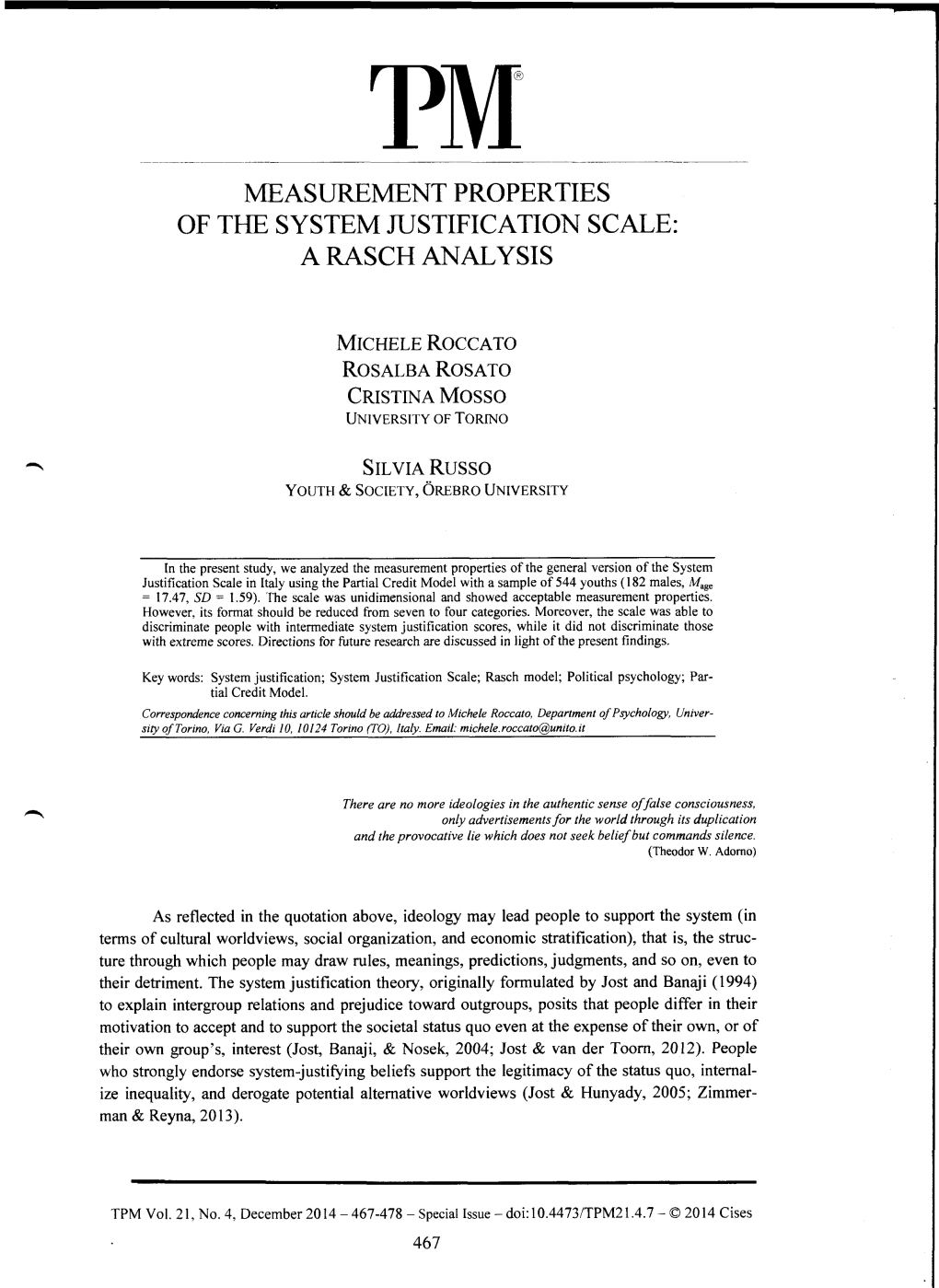 Measurement Properties of the System Justification Scale: a Rasch Analysis