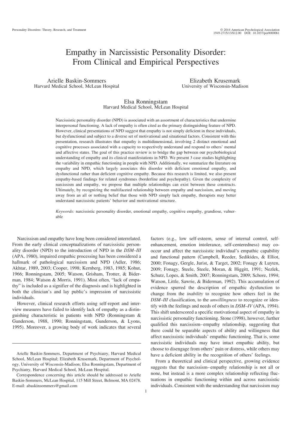 Empathy in Narcissistic Personality Disorder: from Clinical and Empirical Perspectives