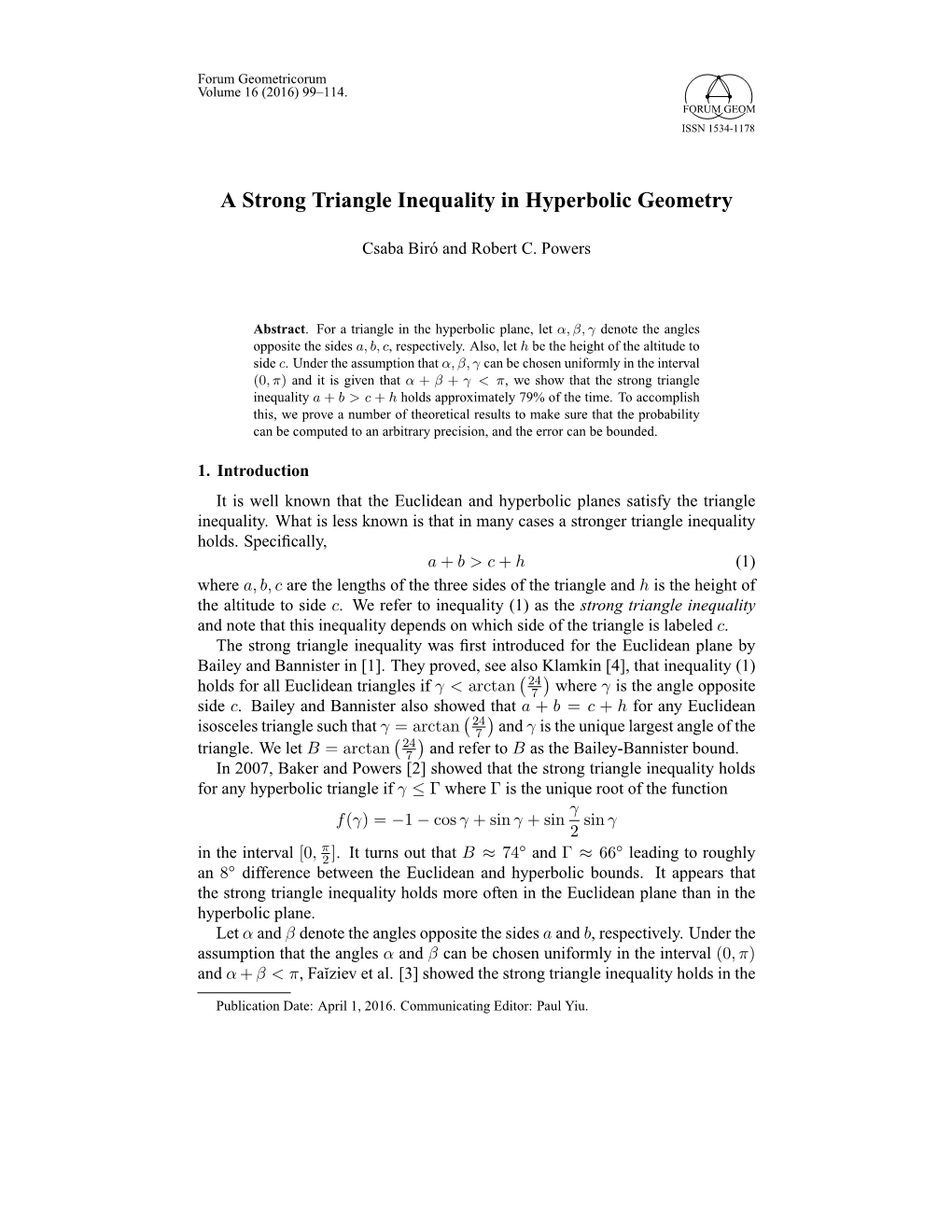 A Strong Triangle Inequality in Hyperbolic Geometry