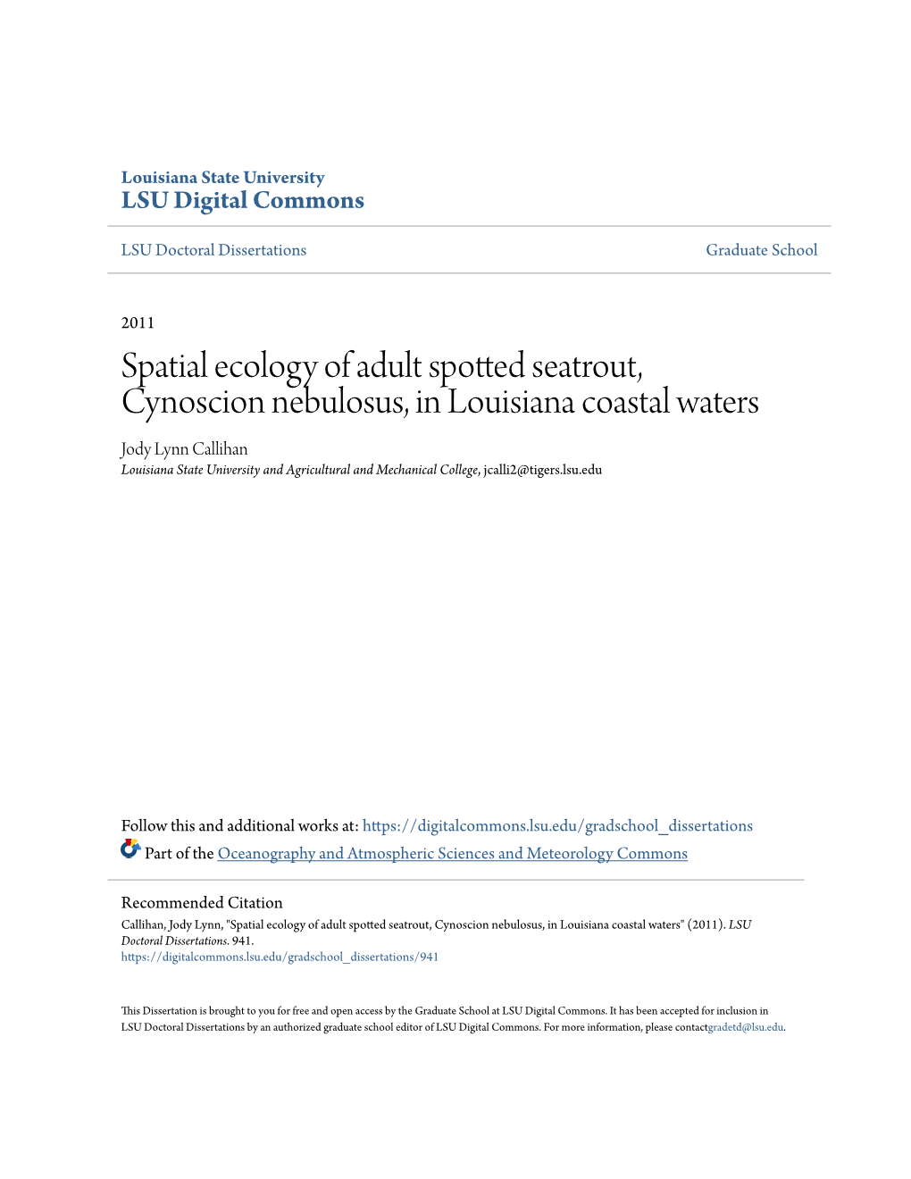 Spatial Ecology of Adult Spotted Seatrout, Cynoscion Nebulosus, In