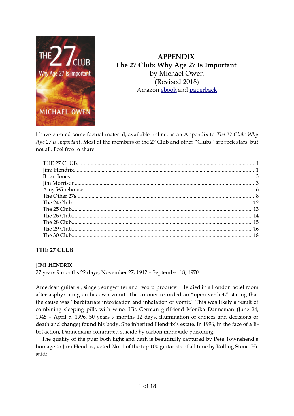 APPENDIX the 27 Club: Why Age 27 Is Important by Michael Owen (Revised 2018) Amazon Ebook and Paperback